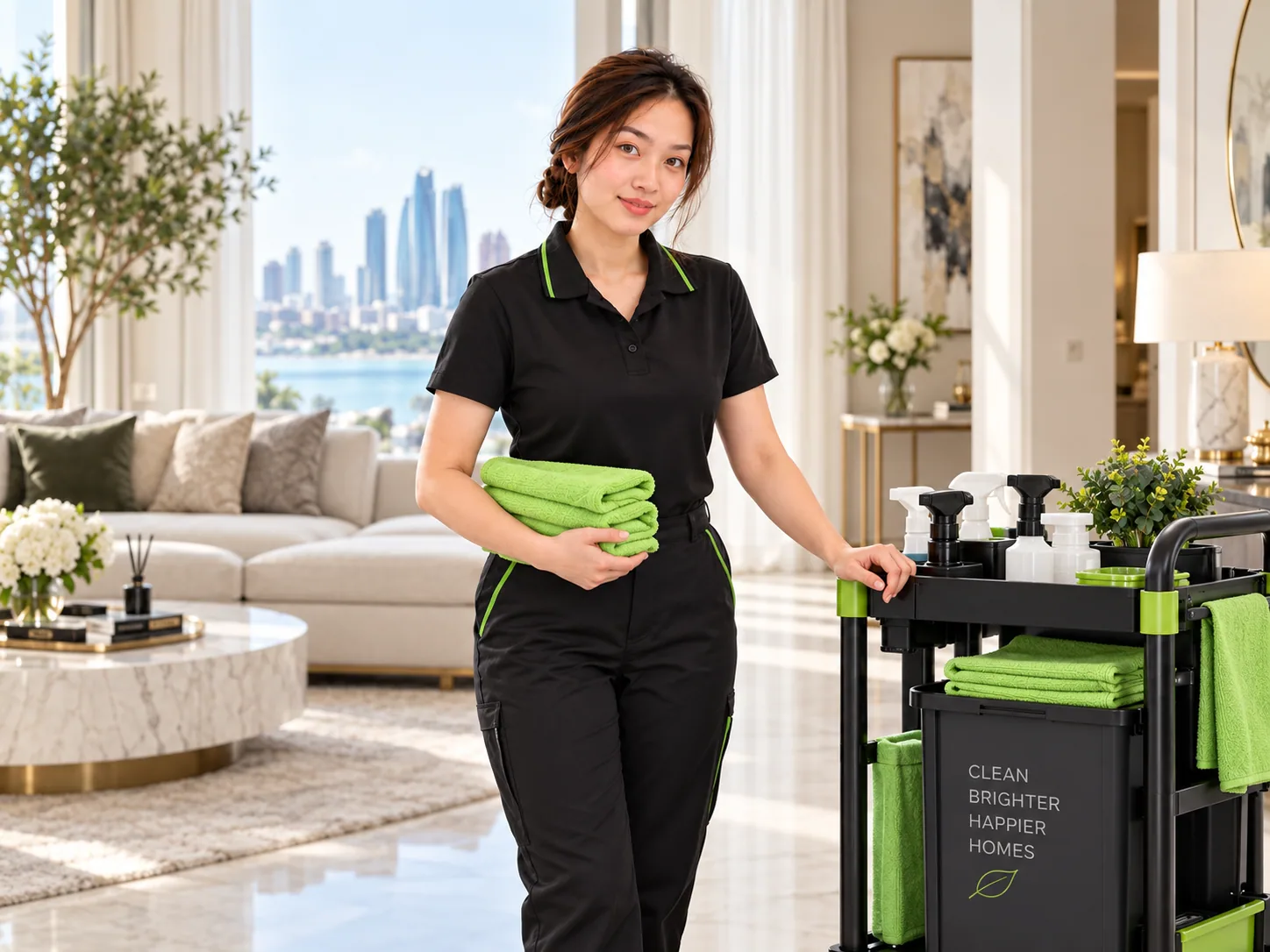 Just Shine housemaid in a black uniform holding folded green microfibre cloths beside a cleaning trolley in a bright Abu Dhabi apartment overlooking the city skyline