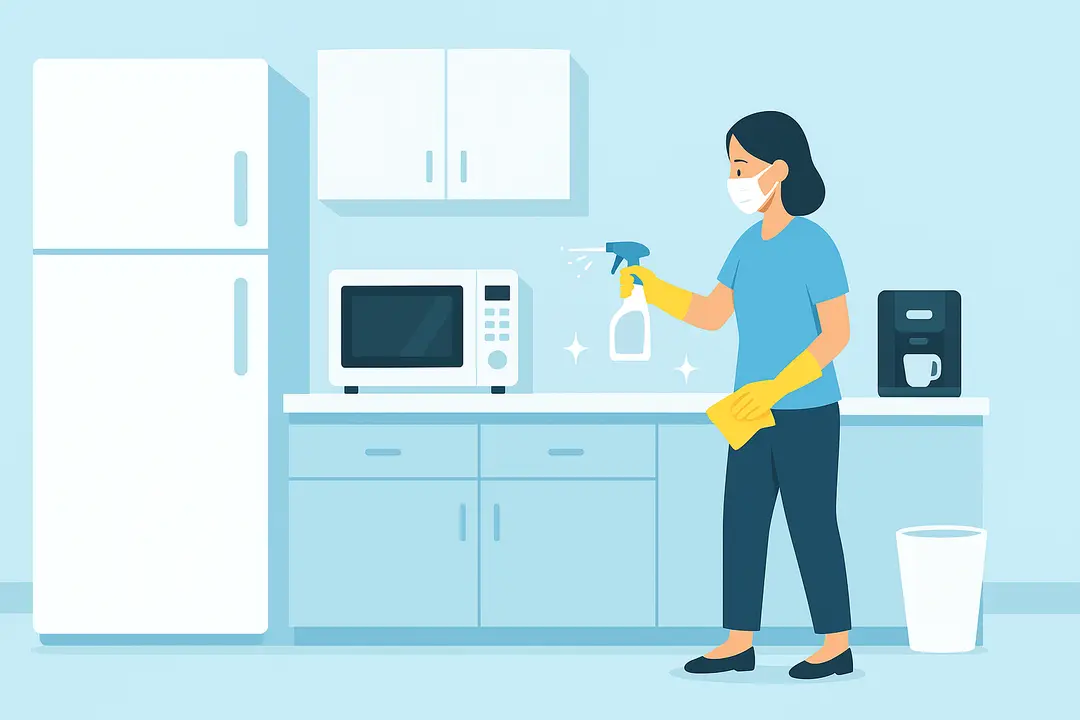Professional cleaner detailing office fixtures and glass