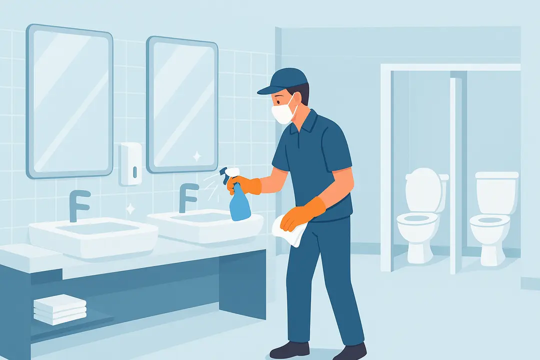 Spotless office washroom with sanitized fixtures